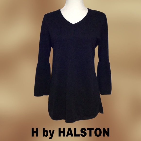 H by HALSTON V-Neck Bell Sleeve Tunic, Knit, Black, Size Small - Picture 1 of 7